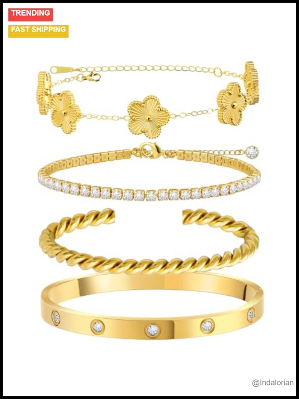 18K Gold Plated Bracelet Set, Stainless Steel, Hypoallergenic, Women's Jewelry